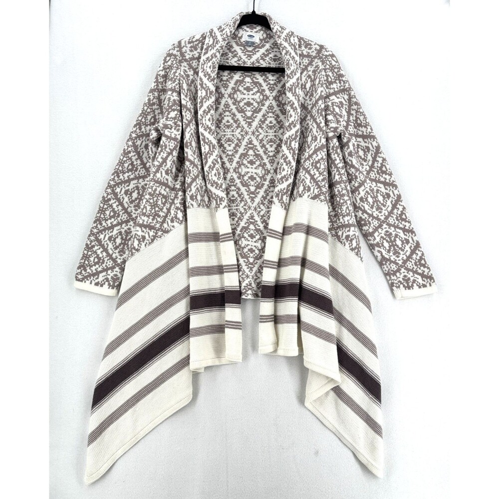 Old Navy Long Cardigan Women L Taupe Cream Geometric Waterfall Open Front Boho